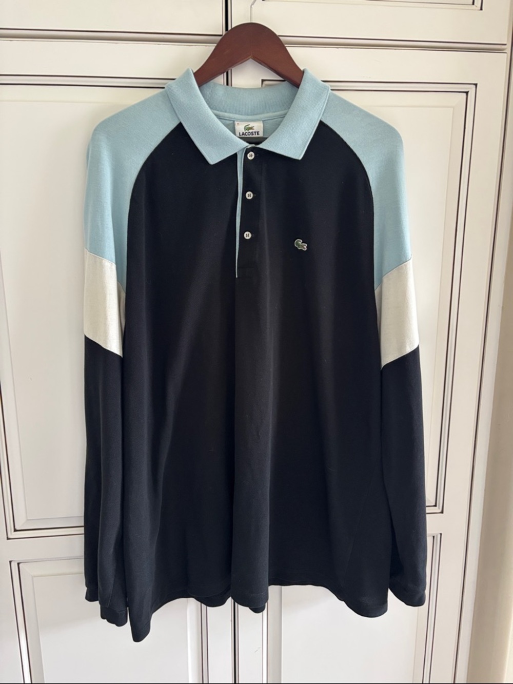 Lacoste Blue Black Colorblock Henley Polo Preppy Crocodile Beach Mens Fr 8 / XXL